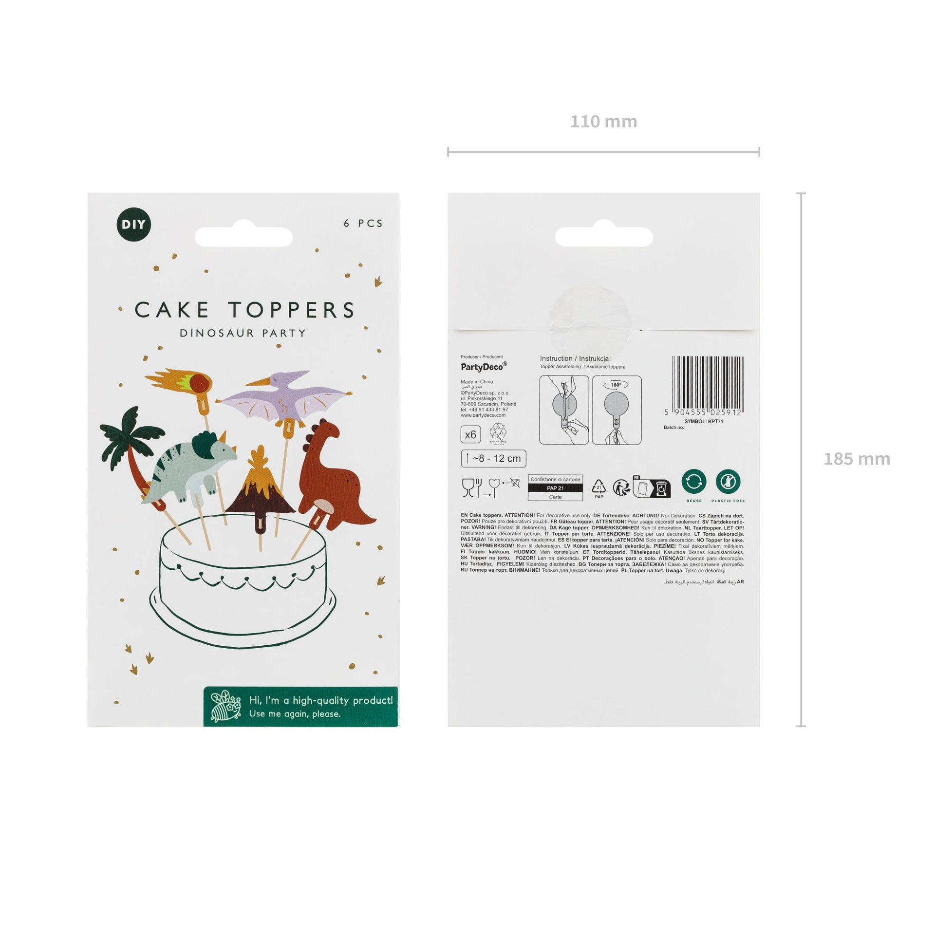PartyDeco Cupcakes Toppers - Dinosaures - 8-12cm pk/6