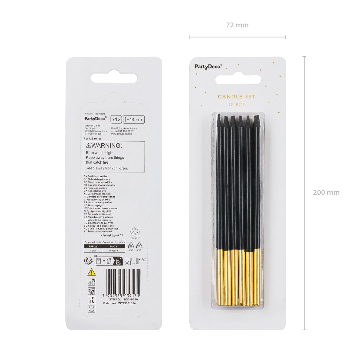 PartyDeco Bougies Noir/Or 12/pcs