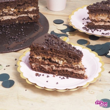 Chocoladetaart met hazelnootkrokant en ganache