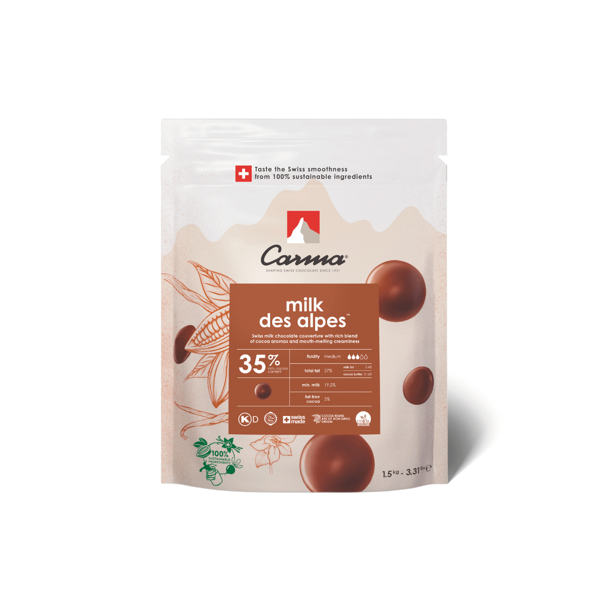Carma Gouttes de Chocolat 1,5 kg - Milk Des Alpes 35%