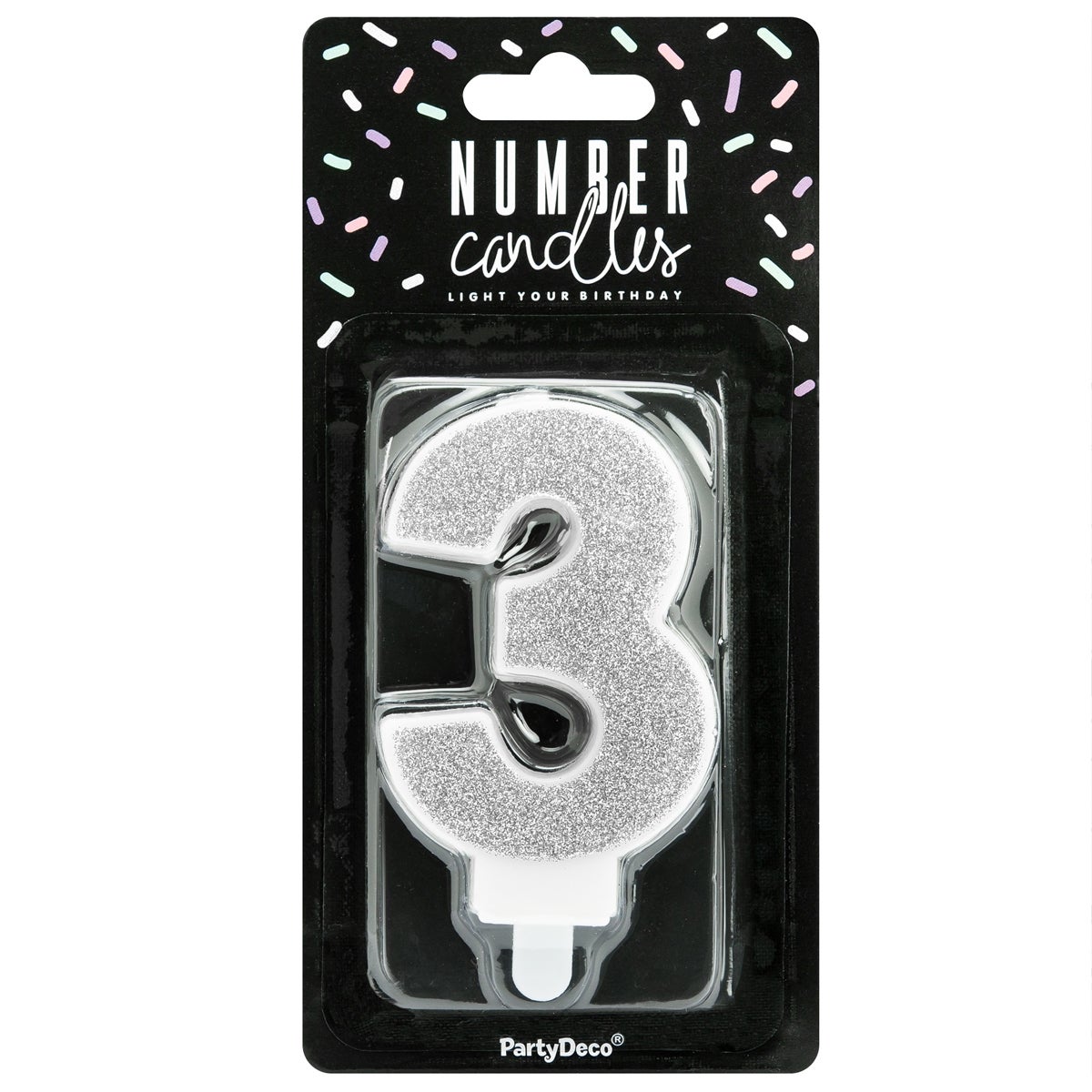 PartyDeco Bougie Anniversaire Chiffre 3 - Argent